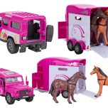 Kids Globe Horses Land Rover růžový kov s přívěsem pro koně 28cm zpětný chod v krabičce